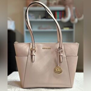 Michael Kors Jet Set East West Logo Charm Saffiano Leather Tote Bag - Soft Pink